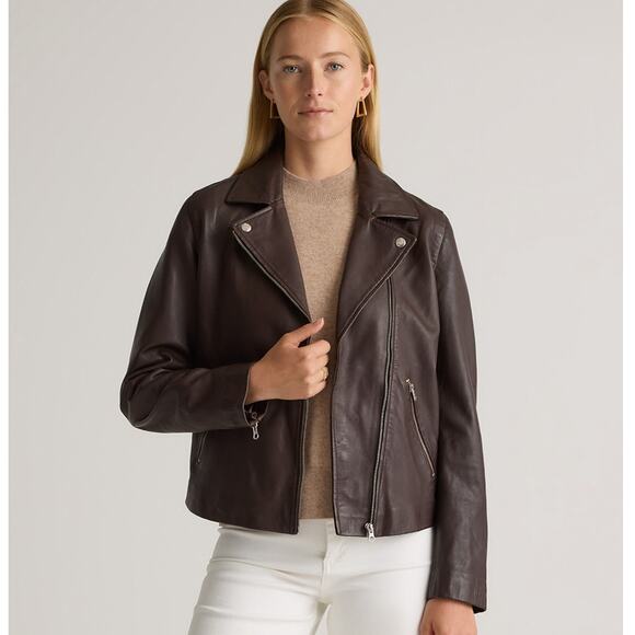 QUINCE 100% Washed Leather Biker Jacket Moto Brown Sz XL $225 - Picture 1 of 9